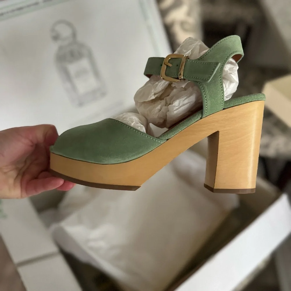Sezane Platform Wooden FAUSTA CLOGS Almond Green Color FR Size: 39 or US 8 - Picture 4 of 13